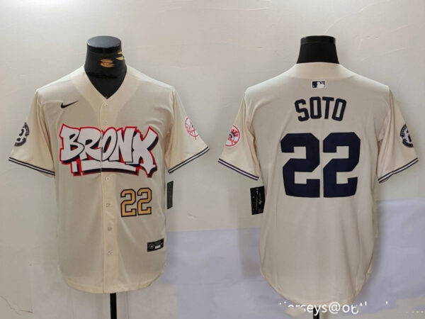 Men's New York Yankees #22 Juan Soto Cream The Bronx Graffiti V2 Vapor Limited Stitched Baseball Jerseys