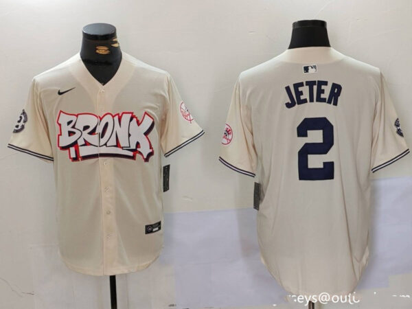 Men's New York Yankees #2 Derek Jeter Cream The Bronx Graffiti V2 Vapor Limited Stitched Baseball Jerseys