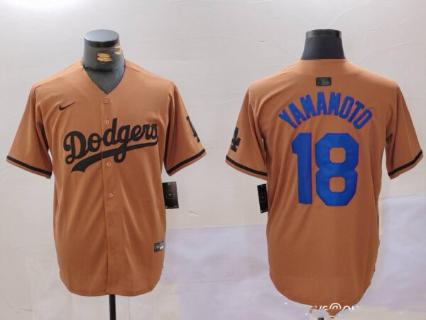 Men's Los Angeles Dodgers #18 Yoshinobu Yamamoto Brown Cool Base Stitched Baseball Jerseys