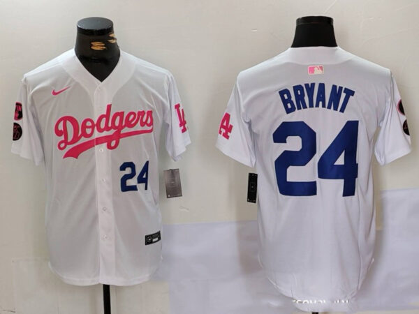 Men's Los Angeles Dodgers #24 Kobe Bryant White Pink Vin & Kobe Patch Stitched Baseball Jerseys