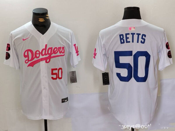 Men's Los Angeles Dodgers #50 Mookie Betts White Pink Vin & Kobe Patch Stitched Baseball Jerseys