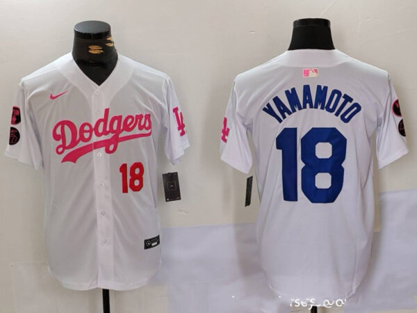 Men's Los Angeles Dodgers #18 Yoshinobu Yamamoto White Pink Vin & Kobe Patch Stitched Baseball Jerseys