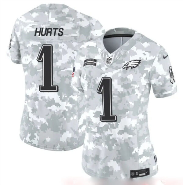 Women's Philadelphia Eagles #1 Jalen Hurts 2024 F.U.S.E Arctic Camo Salute To Service Limited Stitched Jersey(Run Small)