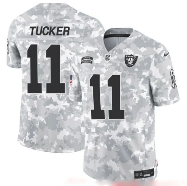 Men's Las Vegas Raiders #11 Tre Tucker 2024 F.U.S.E Arctic Camo Salute To Service Limited Stitched Football Jersey