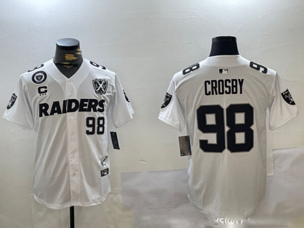 Men's Las Vegas Raiders #98 Maxx Crosby White With Nevada Silver Stat Patch And 65th Anniversary Patch 3-Star C Patch Stitched Baseball Jerseys