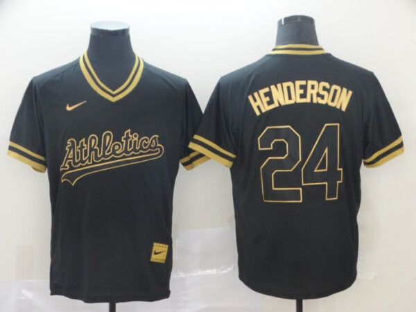 Athletics 24 Rickey Henderson Black Gold Nike Cooperstown Collection Legend V Neck Jersey