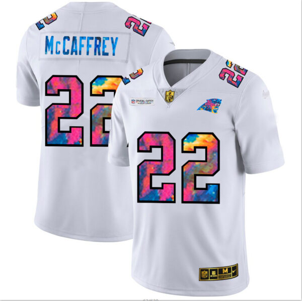 Carolina Panthers #22 Christian McCaffrey Men's White Nike Multi-Color 2020 NFL Crucial Catch Limited NFL Jersey