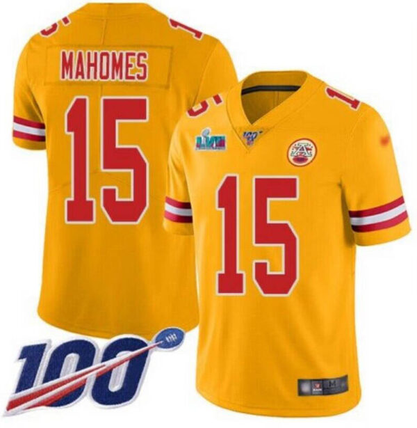 Men's Chiefs #15 Patrick Mahomes Gold Super Bowl LVII Patch Stitched Limited Inverted Legend 100th Season jersey