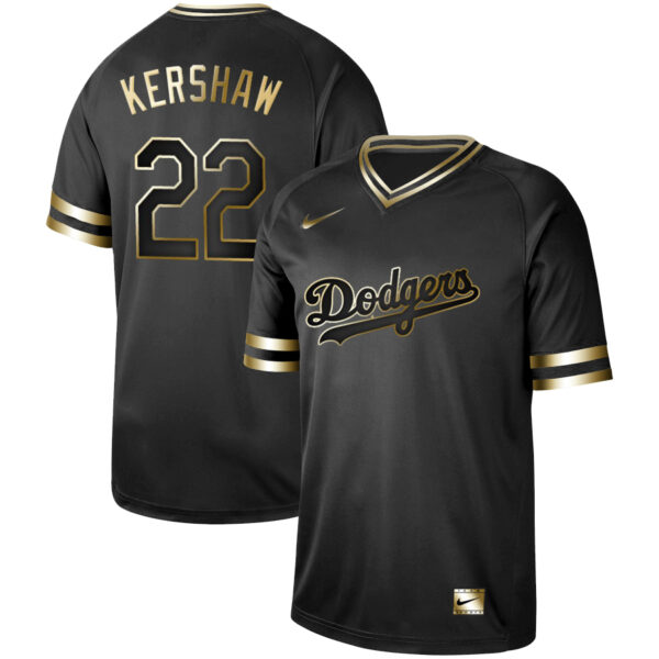 Dodgers 22 Clayton Kershaw Black Gold Nike Cooperstown Collection Legend V Neck Jersey