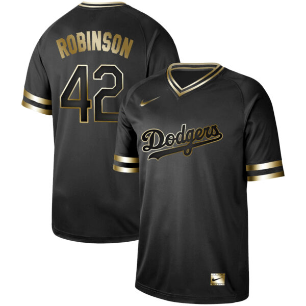 Dodgers 42 Jackie Robinson Black Gold Nike Cooperstown Collection Legend V Neck Jersey