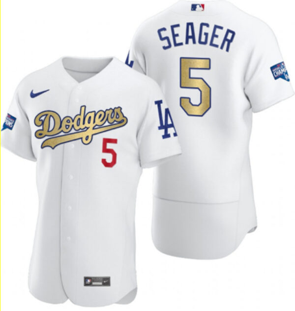 Dodgers 5 Corey Seager White Gold Nike 2020 World Series Champions Flexbase Jersey