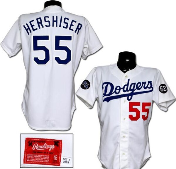 Dodgers 55 Orel Hershiser White 1993 Game Worn Cool Base Jersey