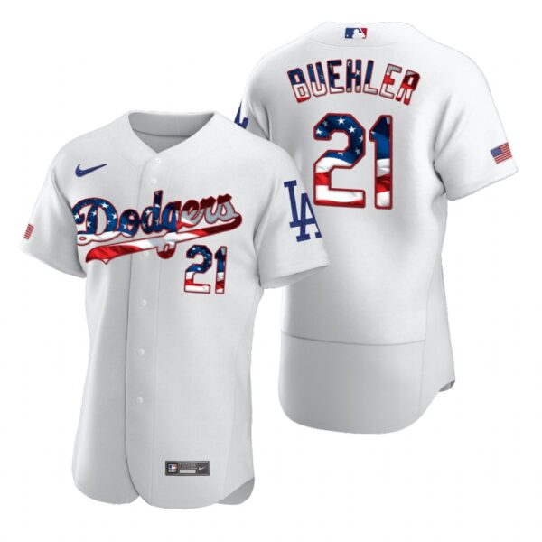 Los Angeles Dodgers #21 Walker Buehler Men's Nike White Fluttering USA Flag Limited Edition Authentic MLB Jersey