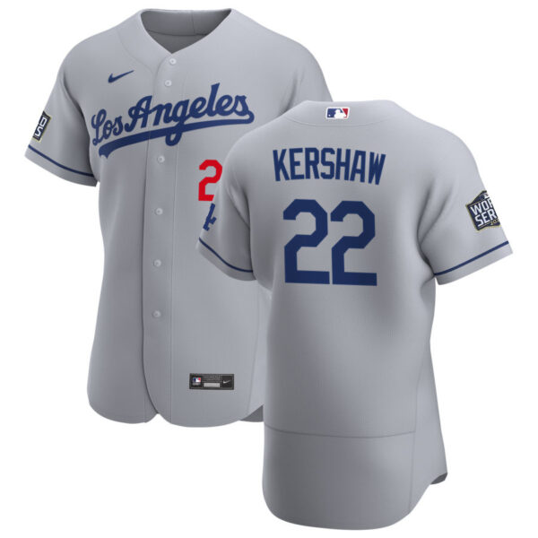 Los Angeles Dodgers #22 Clayton Kershaw Men's Nike Gray Road 2020 World Series Bound Authentic Team MLB Jersey