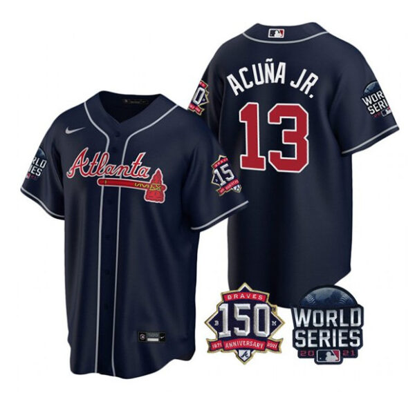 Men's Atlanta Braves #13 Ronald Acuna Jr. 2021 Navy World Series With 150th Anniversary Patch Cool Base Stitched Jersey