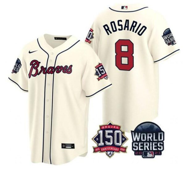 Men's Atlanta Braves #8 Eddie Rosario 2021 Cream World Series With 150th Anniversary Patch Cool Base Stitched Jersey