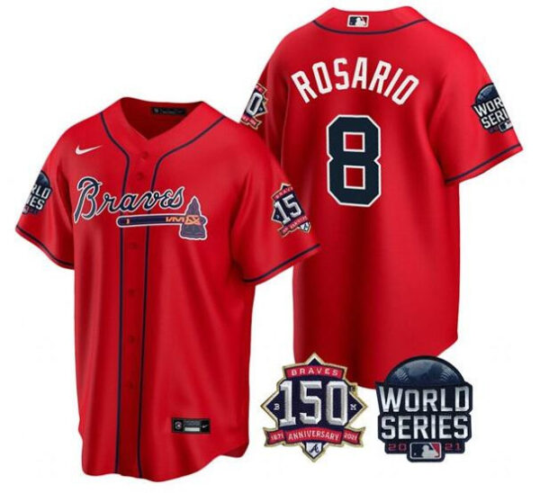 Men's Atlanta Braves #8 Eddie Rosario 2021 Red World Series With 150th Anniversary Patch Cool Base Stitched Jersey