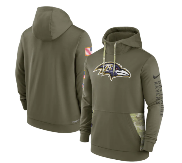 Men's Baltimore Ravens 2022 Olive Salute To Service Therma Performance Pullover Hoodie