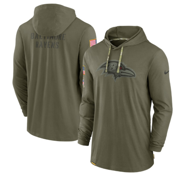 Men's Baltimore Ravens 2022 Olive Salute To Service Tonal Pullover Hoodie