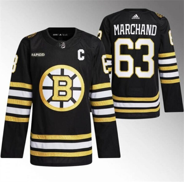 Men's Boston Bruins #63 Brad Marchand Black With Rapid7 Patch 100th Anniversary Stitched Jersey