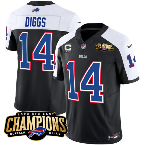 Men's Buffalo Bills #14 Stefon Diggs Black White 2023 F.U.S.E. AFC East Champions With 3-Star C Ptach Stitched Football Jersey