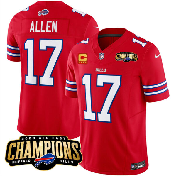 Men's Buffalo Bills #17 Josh Allen Red 2023 F.U.S.E. AFC East Champions With 4-Star C Ptach Stitched Football Jersey