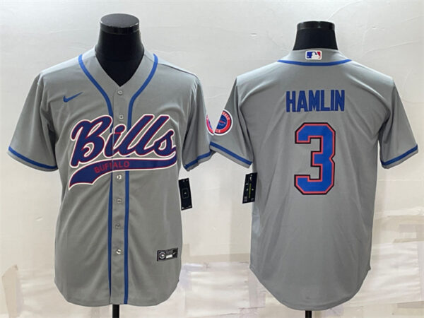 Men's Buffalo Bills #3 Damar Hamlin Gray With Patch Cool Base Stitched Baseball Jersey