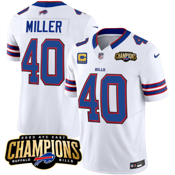 Men's Buffalo Bills #40 Von Miller White 2023 F.U.S.E. AFC East Champions With 4-Star C Ptach Stitched Football Jersey