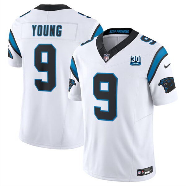 Men's Carolina Panthers #9 Bryce Young White 2024 30th Anniversary Patch F.U.S.E. Vapor Limited Stitched Football Jersey