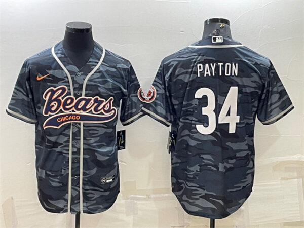 Men's Chicago Bears Blank #34 Walter Payton Grey Camo With Patch Cool Base Stitched Baseball Jersey