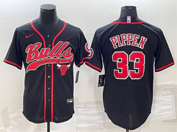 Men's Chicago Bulls #33 Scottie Pippen Black With Patch Cool Base Stitched Baseball Jersey