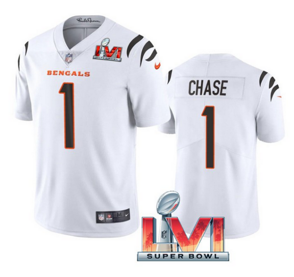 Men's Cincinnati Bengals #1 Ja'Marr Chase 2022 White Super Bowl LVI Vapor Limited Stitched Jersey