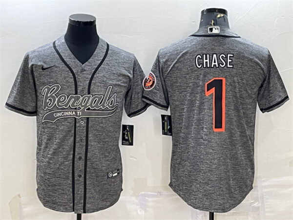 Men's Cincinnati Bengals #1 Ja'Marr Chase Grey With Patch Cool Base Stitched Baseball Jersey