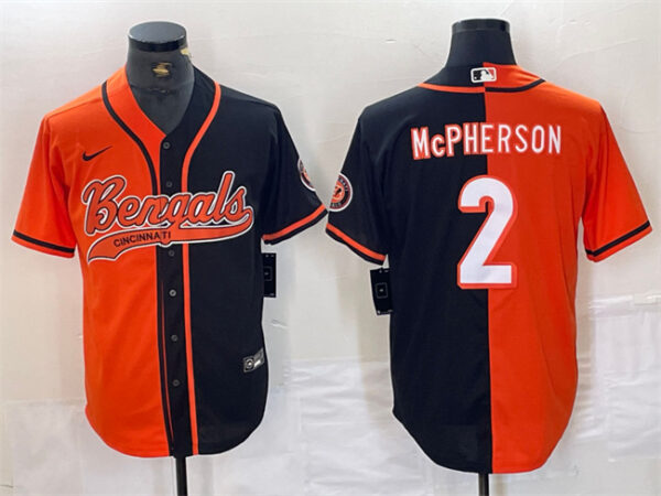 Men's Cincinnati Bengals #2 Evan McPherson Black Orange Split With Patch Cool Base Stitched Baseball Jersey