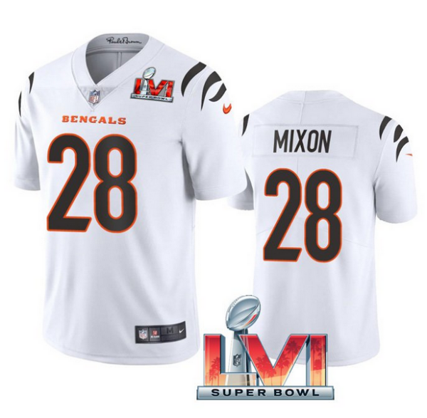 Men's Cincinnati Bengals #28 Joe Mixon 2022 White Super Bowl LVI Vapor Limited Stitched Jersey