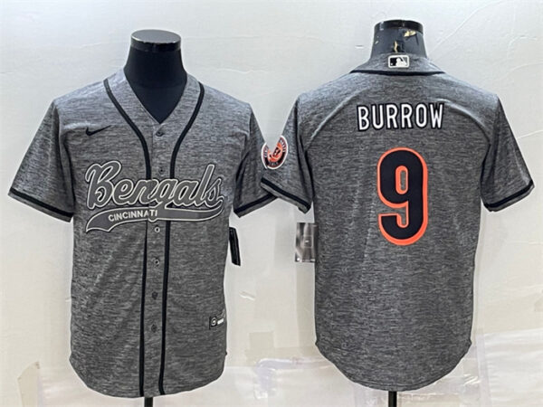 Men's Cincinnati Bengals #9 Joe Burrow Grey With Patch Cool Base Stitched Baseball Jersey