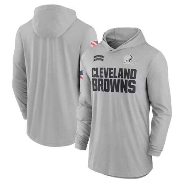 Men's Cleveland Browns 2024 Gray Salute To Service Lightweight Performance Long Sleeve Hooded T-Shirt