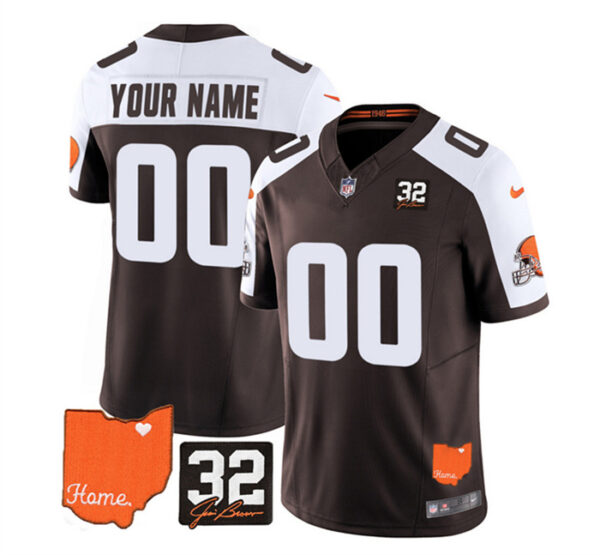 Men's Cleveland Browns Active Player Custom Brown White 2023 F.U.S.E. With Jim Brown Memorial Patch Vapor Untouchable Limited Stitched Jersey