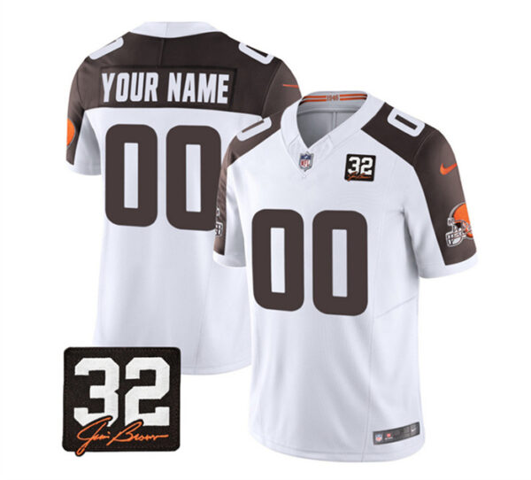 Men's Cleveland Browns Active Player Custom White Brown 2023 F.U.S.E. With Jim Brown Memorial Patch Vapor Untouchable Limited Stitched Jersey