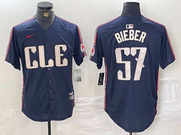 Men's Cleveland Guardians #57 Shane Bieber Navy 2024 City Connect Limited Stitched Baseball Jersey