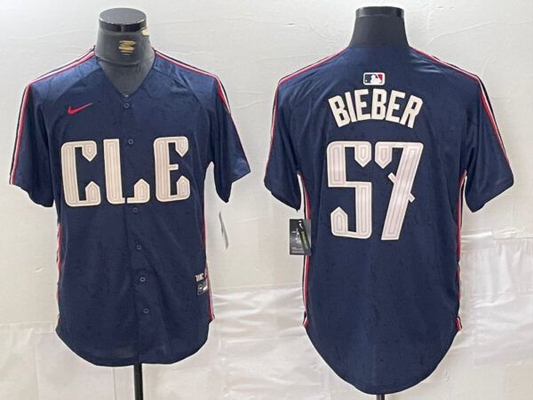 Men's Cleveland Guardians #57 Shane Bieber Navy 2024 City Connect Limited Stitched Baseball Jerseys