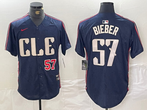 Men's Cleveland Guardians #57 Shane Bieber Navy 2024 City Connect Limited Stitched Baseball Jerseys