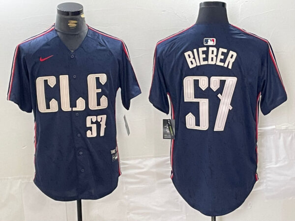 Men's Cleveland Guardians #57 Shane Bieber Navy 2024 City Connect Limited Stitched Baseball Jerseys