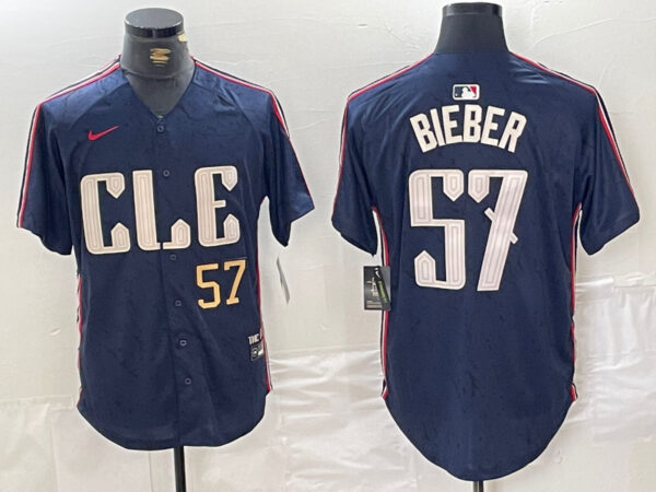 Men's Cleveland Guardians #57 Shane Bieber Navy 2024 City Connect Limited Stitched Baseball Jerseys