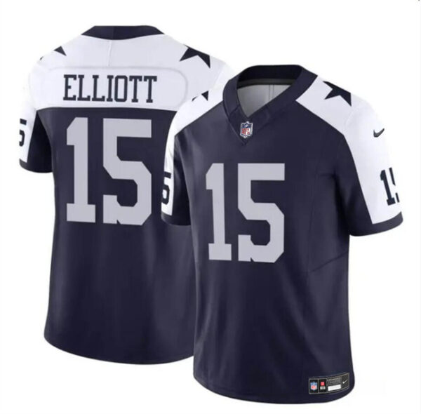 Men's Dallas Cowboys #15 Ezekiel Elliott Navy White 2023 F.U.S.E Thanksgiving Vapor Limited Stitched Football Jersey