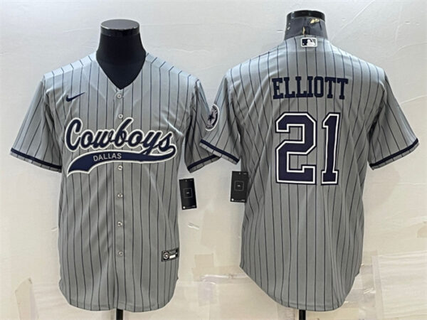 Men's Dallas Cowboys #21 Ezekiel Elliott Grey With Patch Cool Base Stitched Baseball Jersey