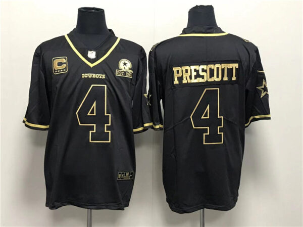 Men's Dallas Cowboys #4 Dak Prescott Black Gold With 1960 PatchAnd 4-Star C Patch Stitched Jersey