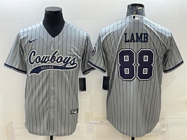 Men's Dallas Cowboys #88 CeeDee Lamb Grey With Patch Cool Base Stitched Baseball Jersey