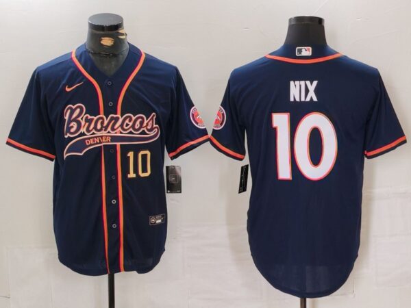 Men's Denver Broncos #10 Bo Nix Navy Cool Base Stitched Baseball Jersey