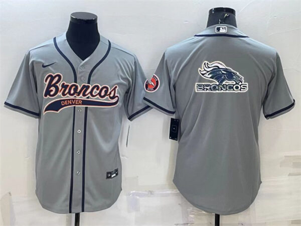 Men's Denver Broncos Grey Team Big Logo With Patch Cool Base Stitched Baseball Jersey